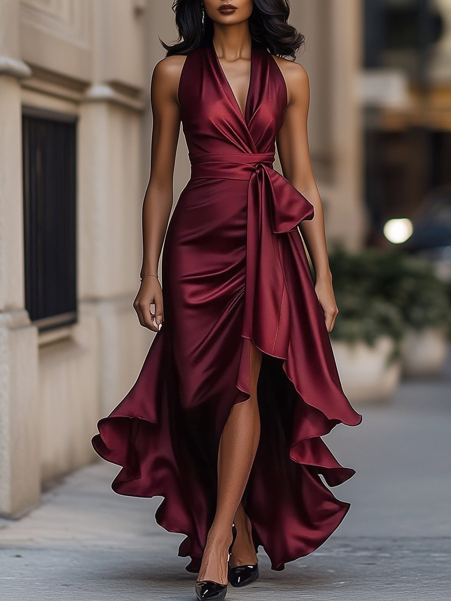 Vestido halter satinado con volantes
