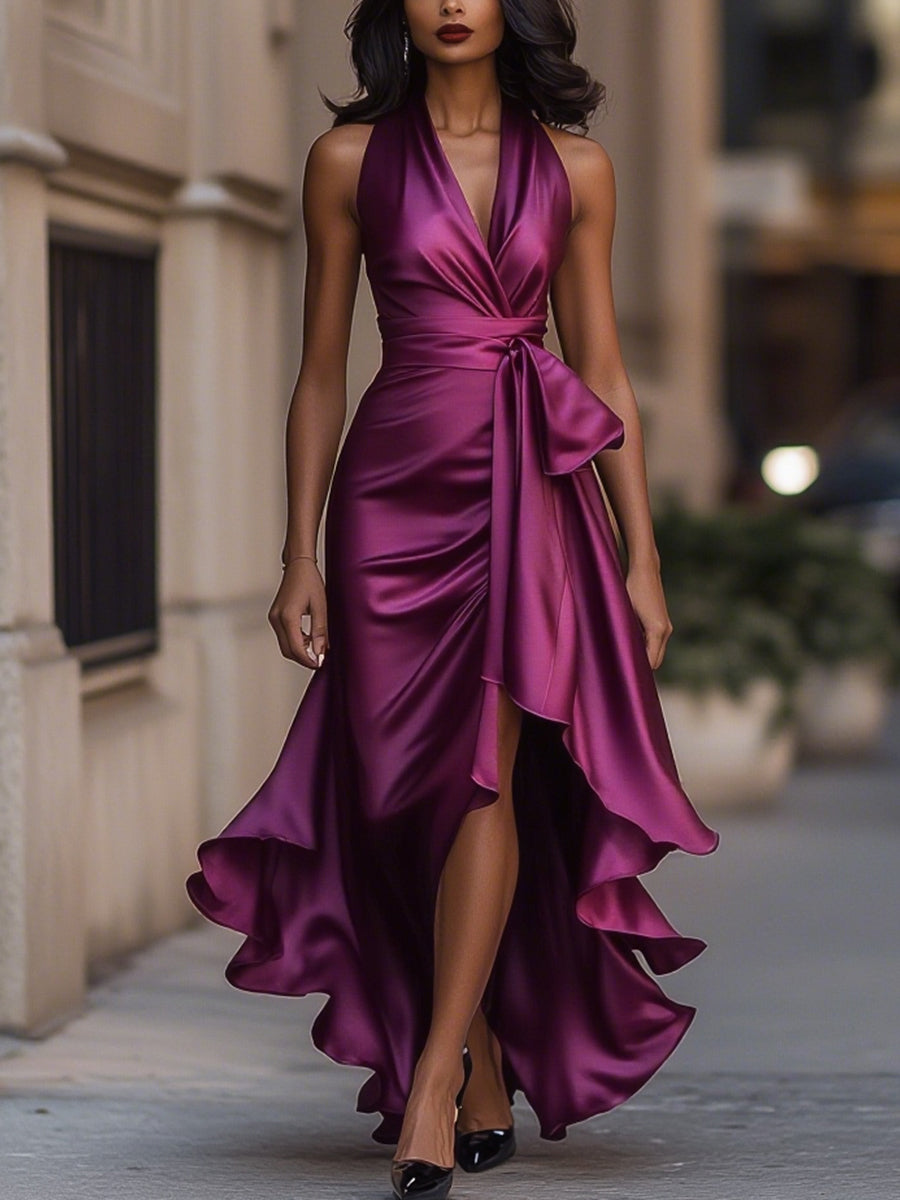 Vestido halter satinado con volantes