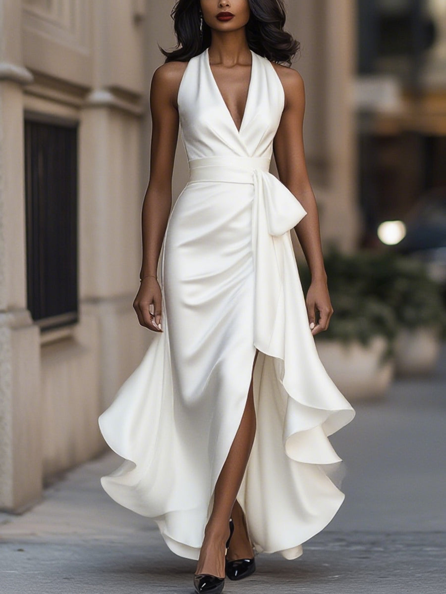 Vestido halter satinado con volantes
