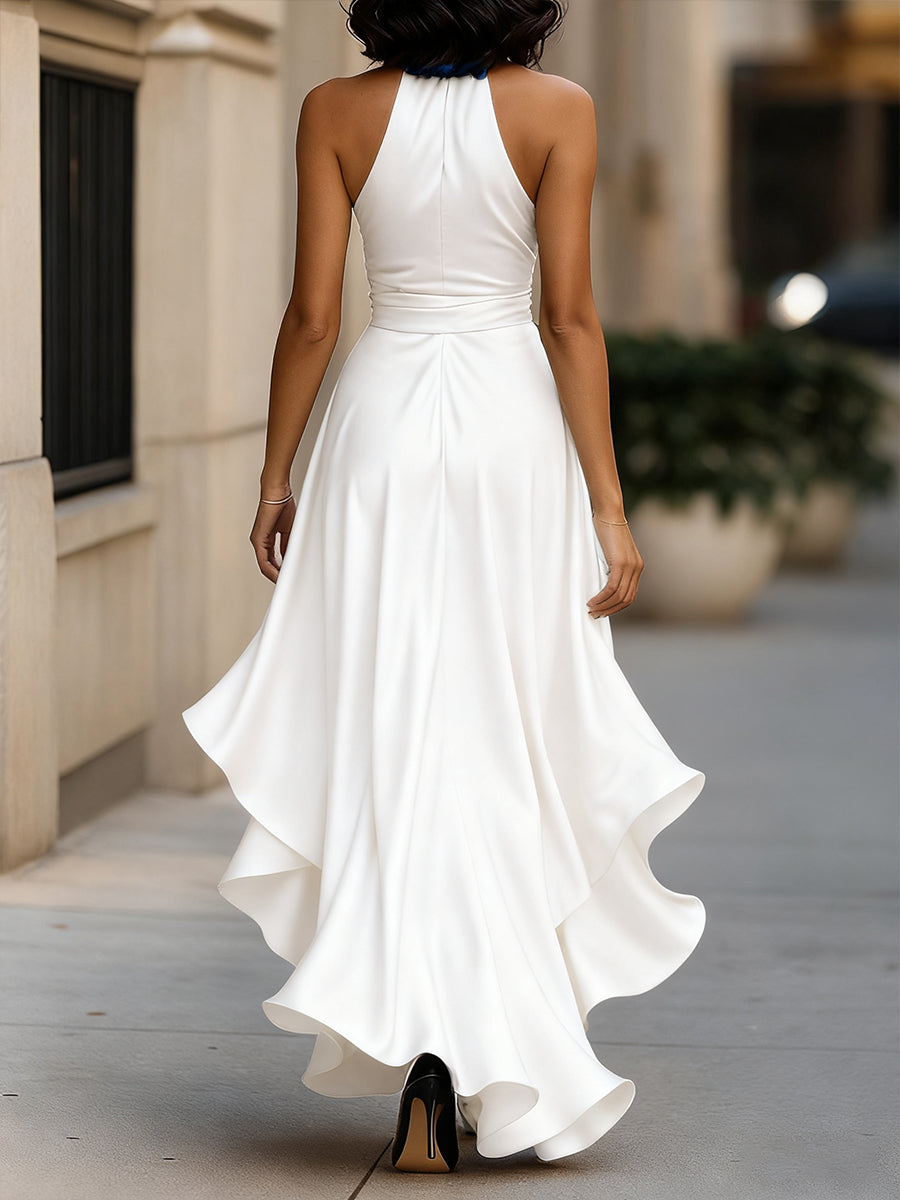 Vestido halter satinado con volantes