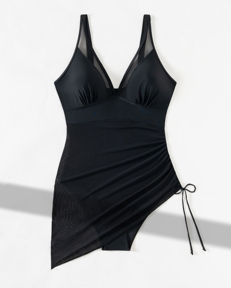 Traje de baño sexy sin espalda con escote en V profundo y malla, con cordón ajustable.