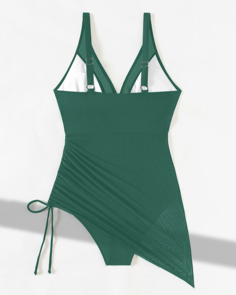 Traje de baño sexy sin espalda con escote en V profundo y malla, con cordón ajustable.