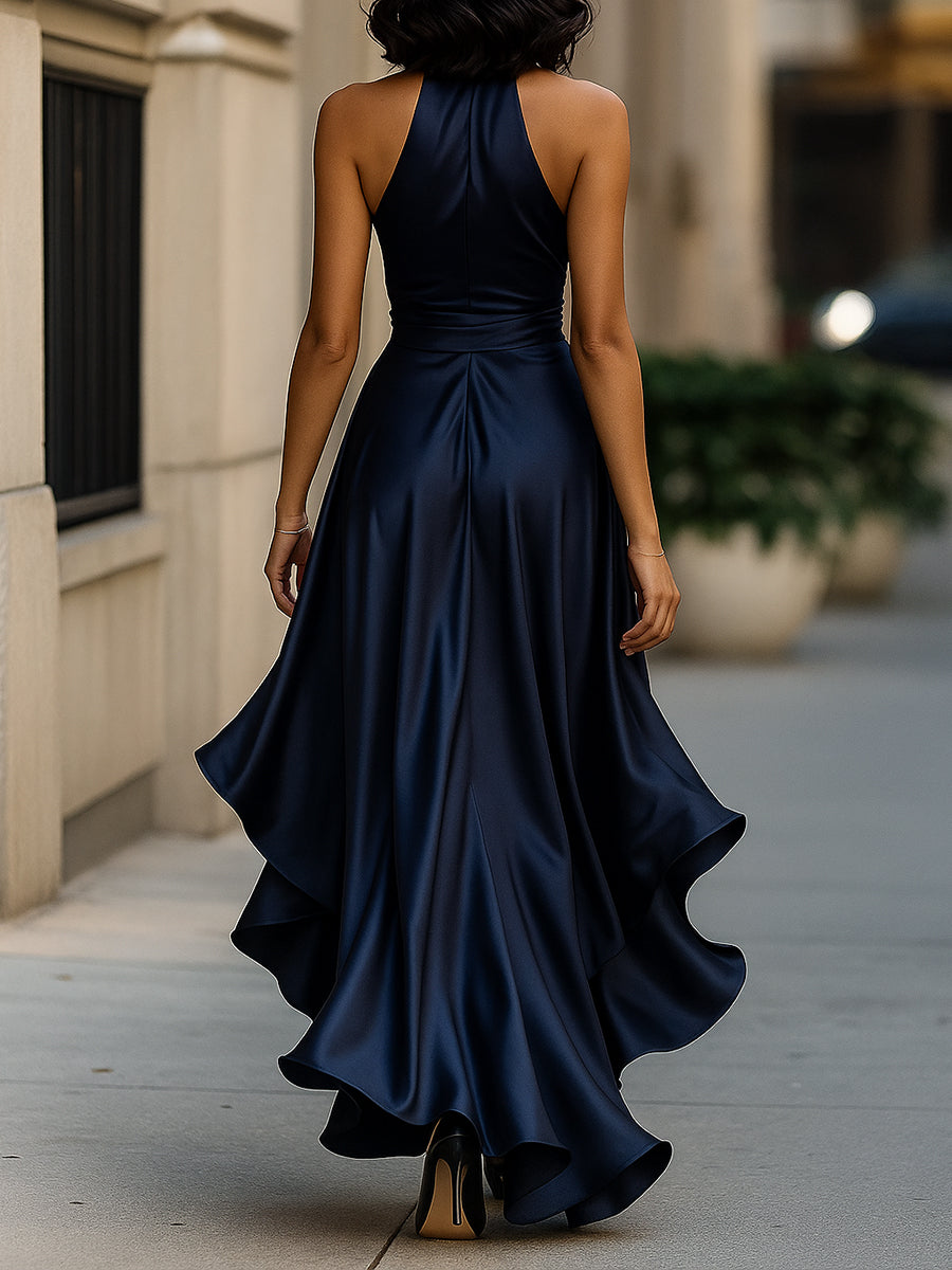 Vestido halter satinado con volantes