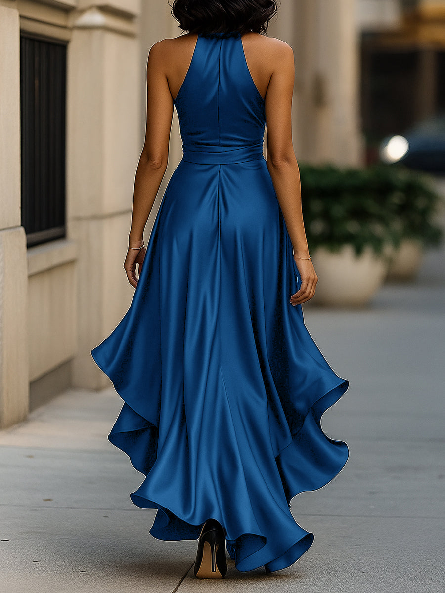Vestido halter satinado con volantes