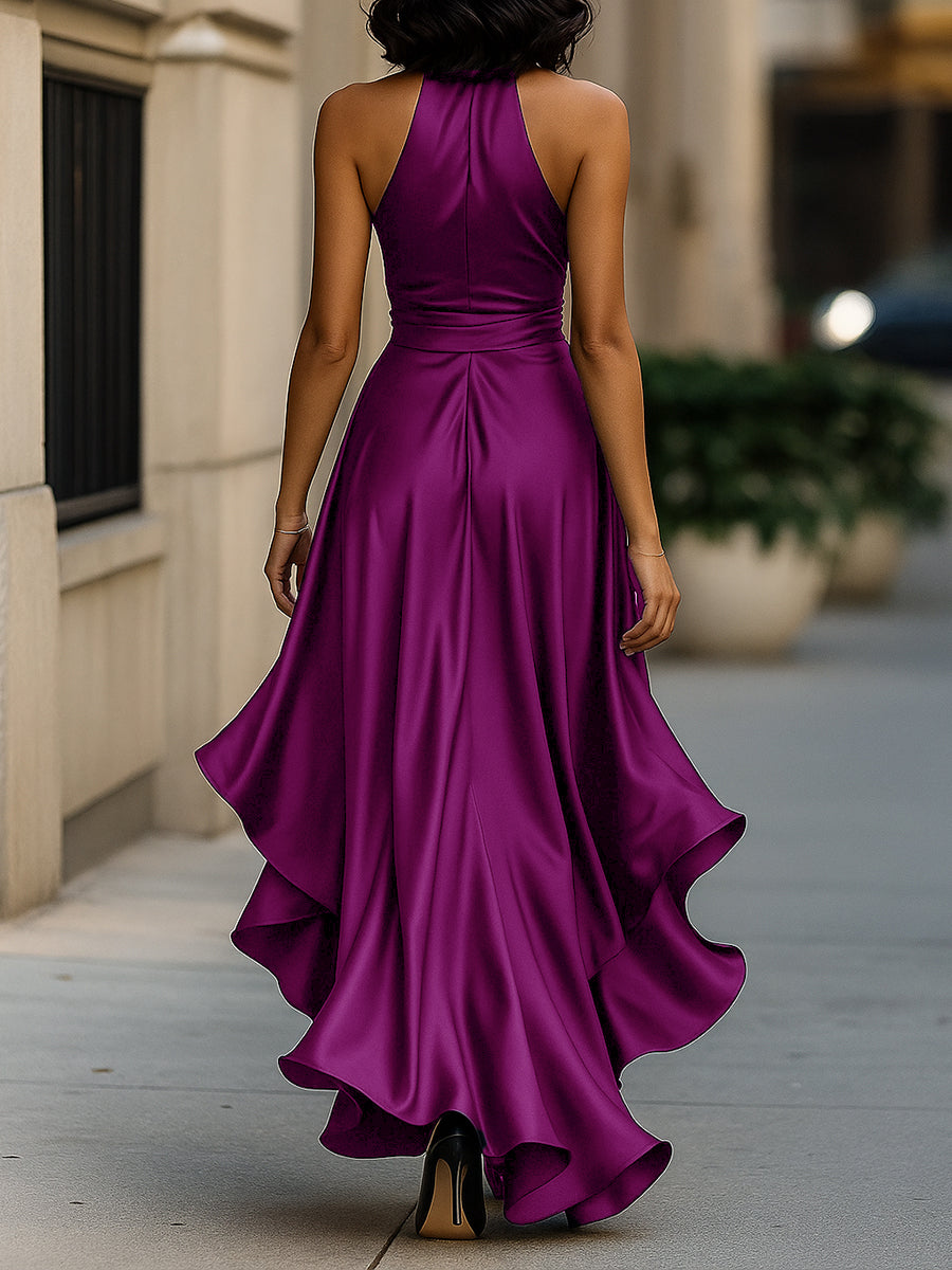 Vestido halter satinado con volantes