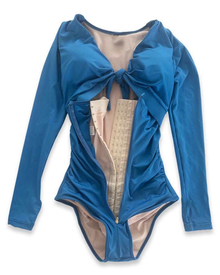 Traje de baño manga larga con faja reductora de abdomen.