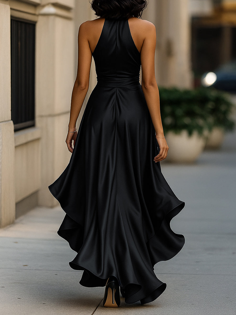 Vestido halter satinado con volantes