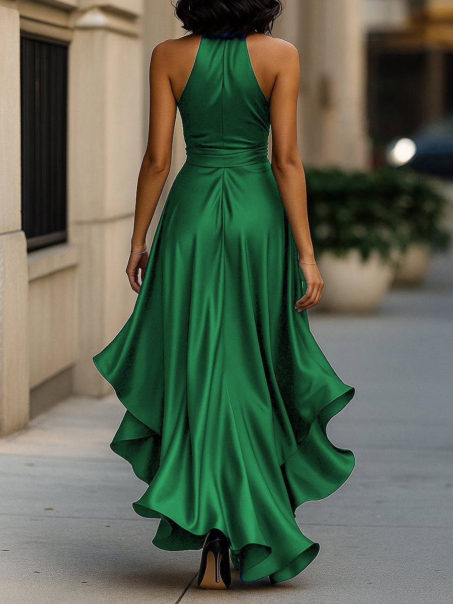 Vestido halter satinado con volantes