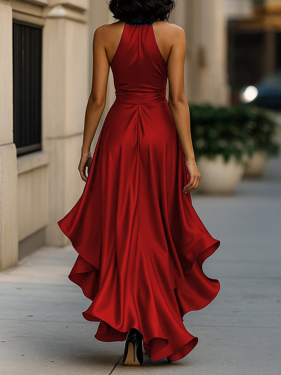 Vestido halter satinado con volantes