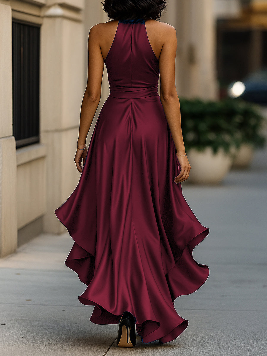 Vestido halter satinado con volantes
