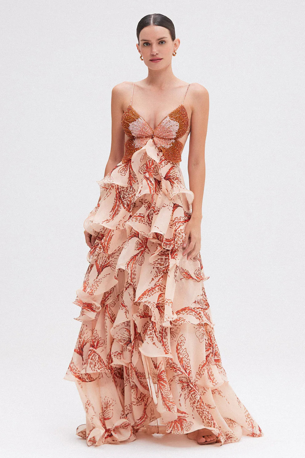 Vestido halter satinado con volantes