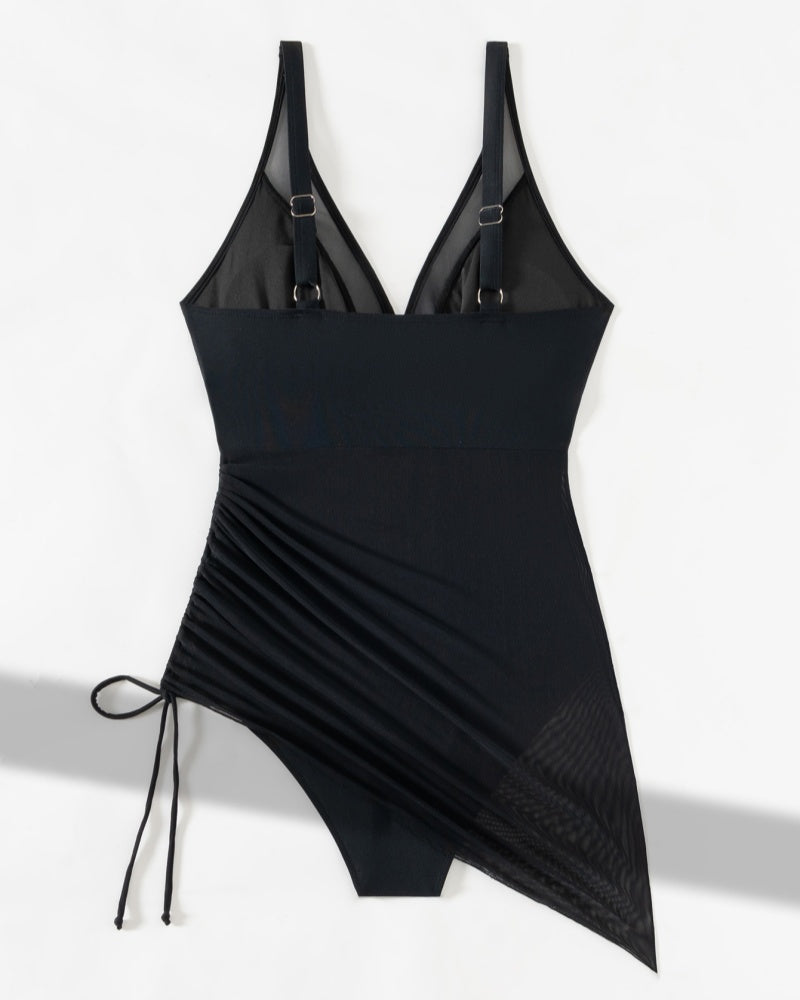 Traje de baño sexy sin espalda con escote en V profundo y malla, con cordón ajustable.